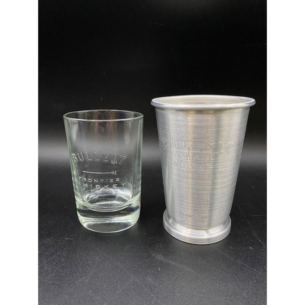 Bulleit Aluminum Frontier Whiskey Mint Julep Cup & Oval Glass LOT